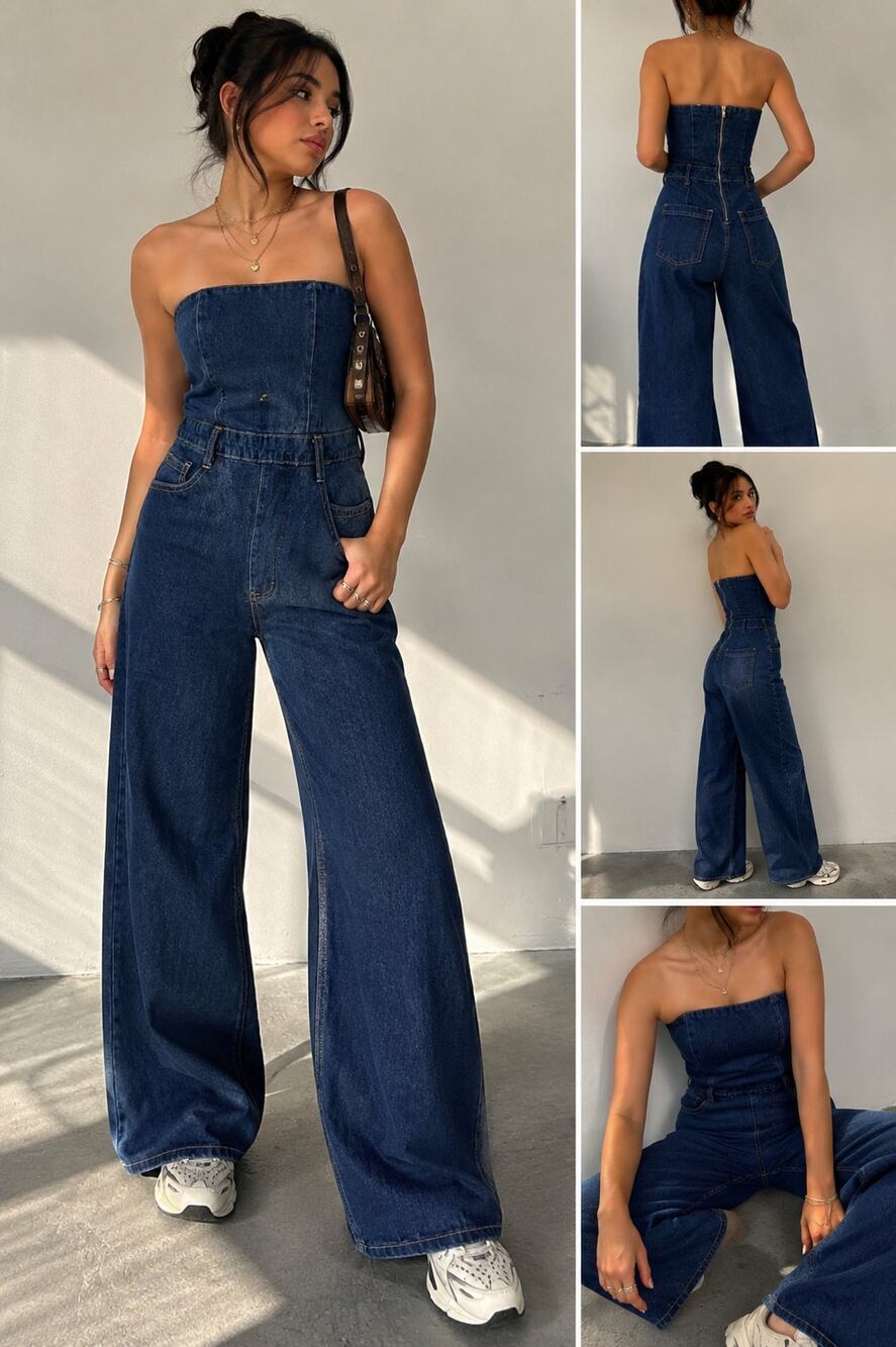 Forever 21 Strapless Denim Jumpsuit Wide Leg Dark Wash Corset Tube Romper Size 6